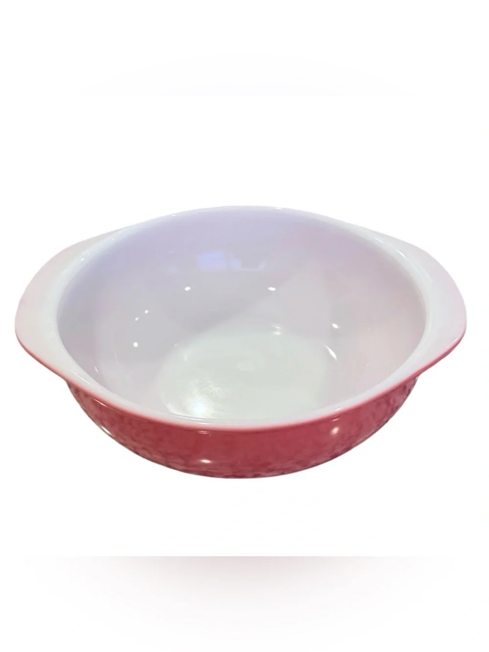 Pyrex Flamingo Pink 024 vintage casserole dish features with tab handles